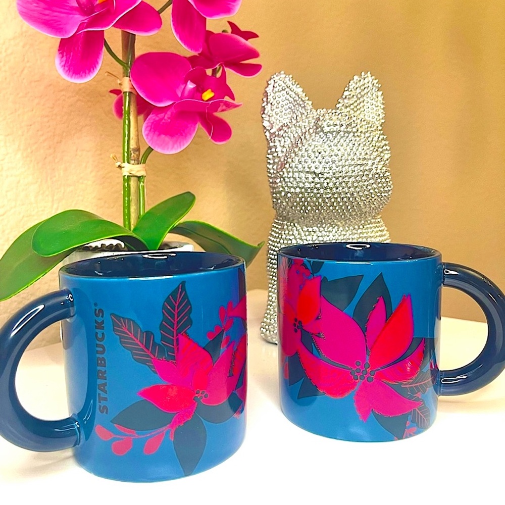 💙💗🍁🌺🍃☕️TWO NEW STARBUCKS blue & pink poinsettia holiday coffee mug Cup